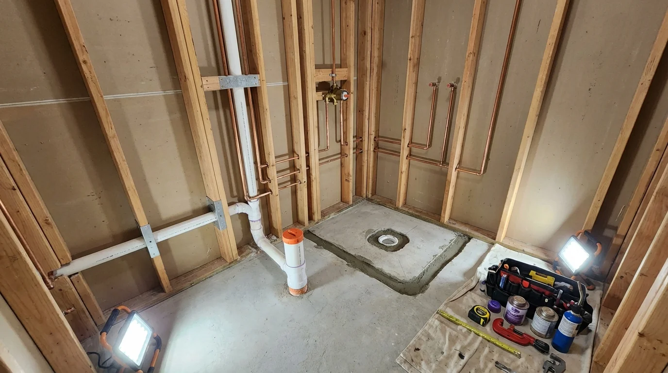 Bathroom rough-in plumbing during remodel by Johns Plumbing LLC in Mastic Beach