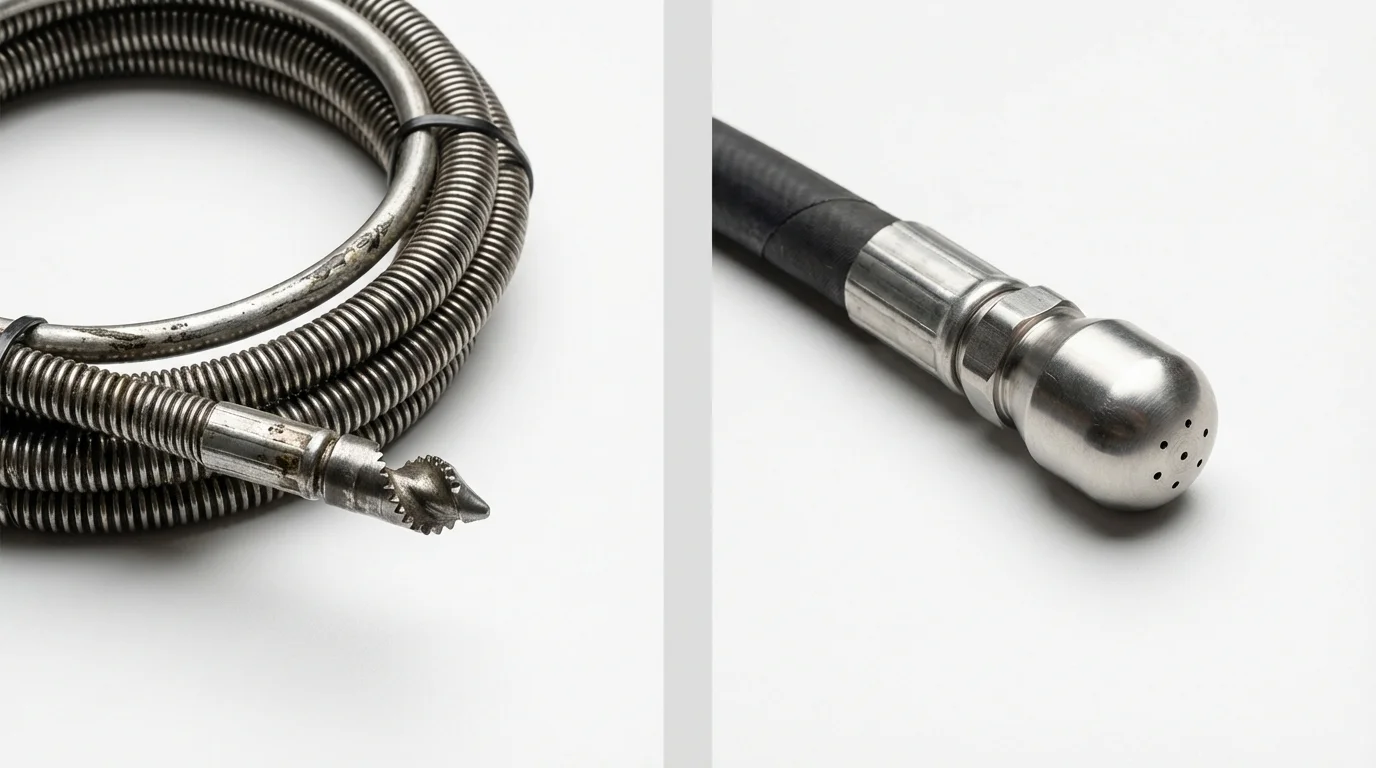 Drain snake cable and hydro jetting nozzle used for drain cleaning in Mastic Beach, NY