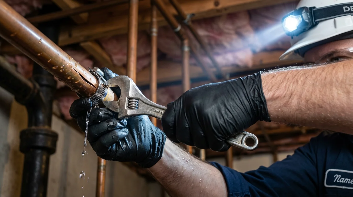 Emergency pipe clamp repair being performed by a Johns Plumbing LLC plumber in Mastic Beach