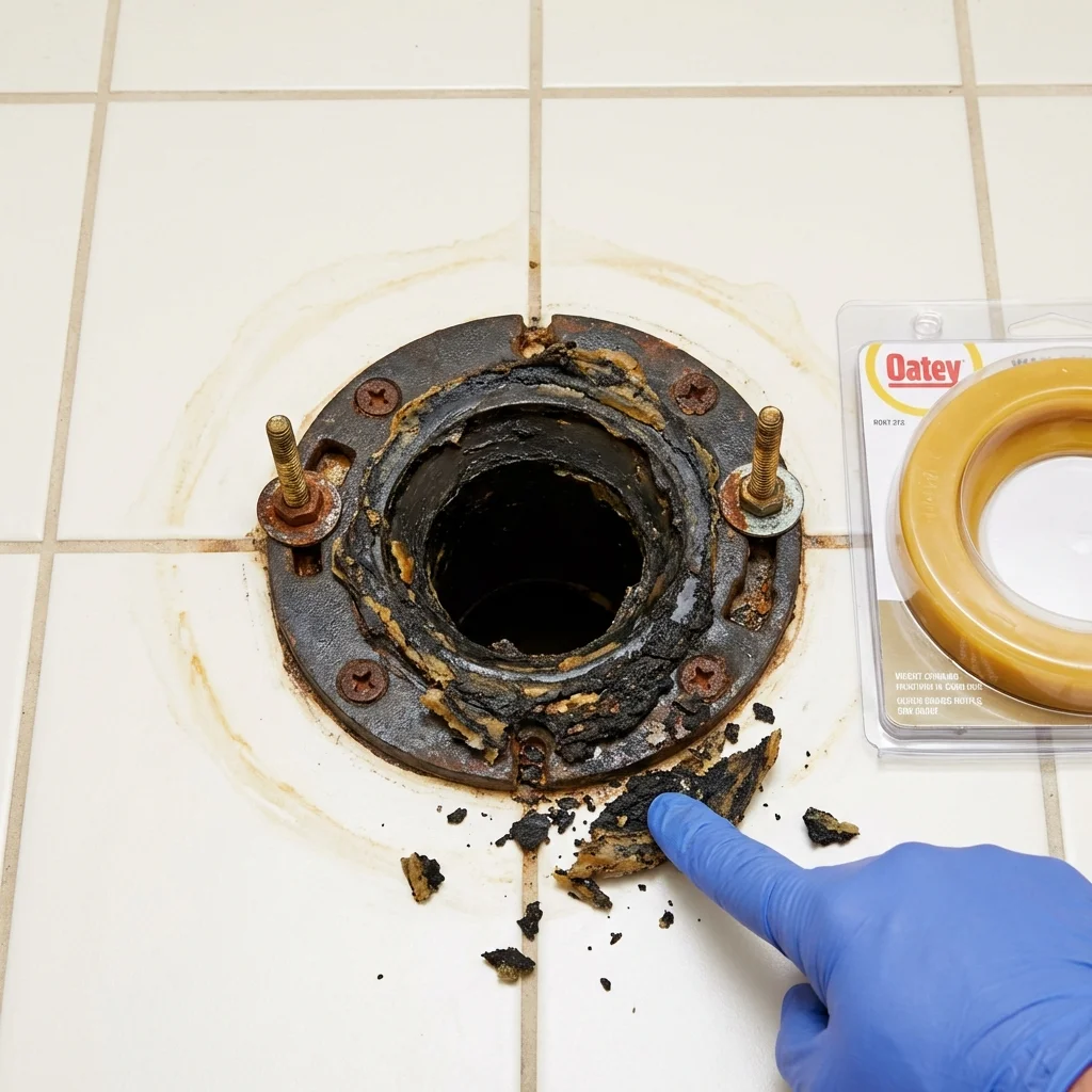 Failed wax ring showing water seepage at the base of a toilet in a Mastic Beach, NY home
