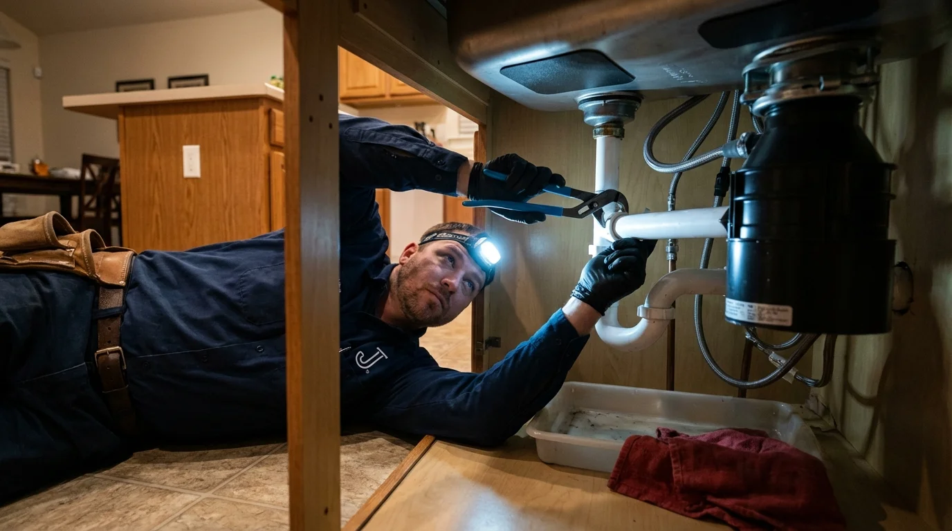 P-trap and supply line connections under a kitchen sink showing a common leak point in Mastic Beach, NY